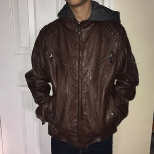 Kids brown hooded leather jacket
